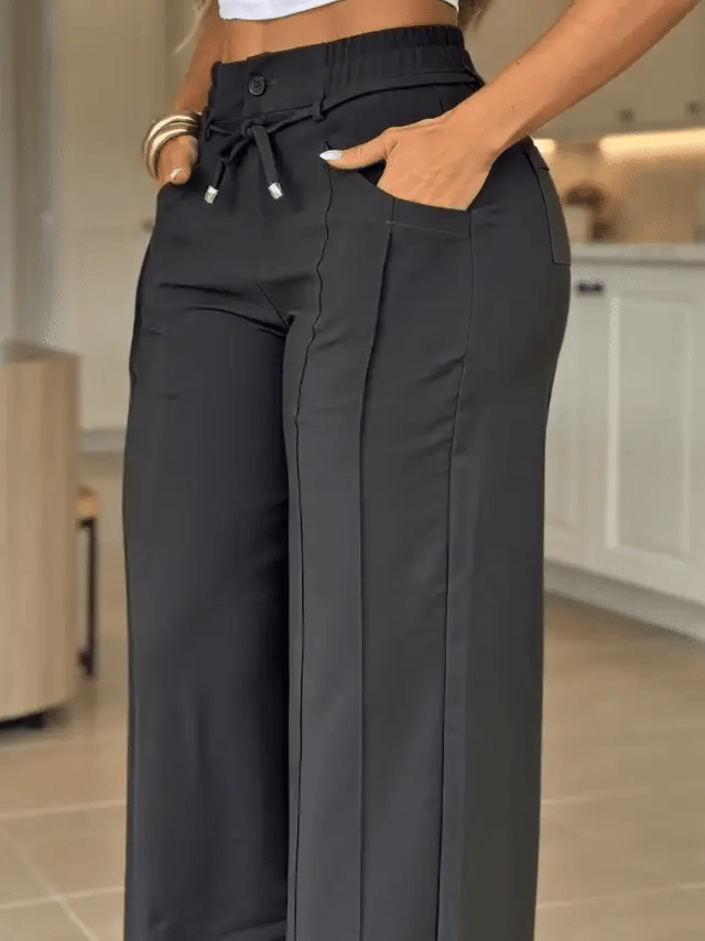 Aria – Pantalón Ancho de Tiro Alto con Cordón, Efecto Vientre Plano